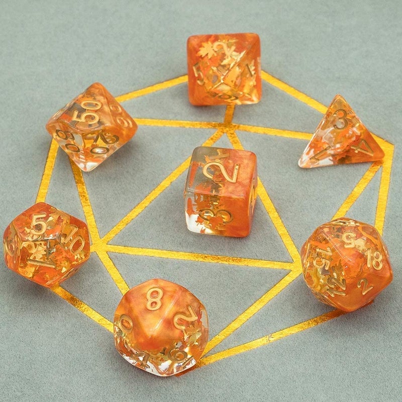 Cusdie 7-Piece Dice Set - Resin DND Dice with Yellow Leaf-Shaped Gold Foil Design, Perfect for Board Game Enthusiasts, Gifts, and Collectors(Fall Dice) - Image 5